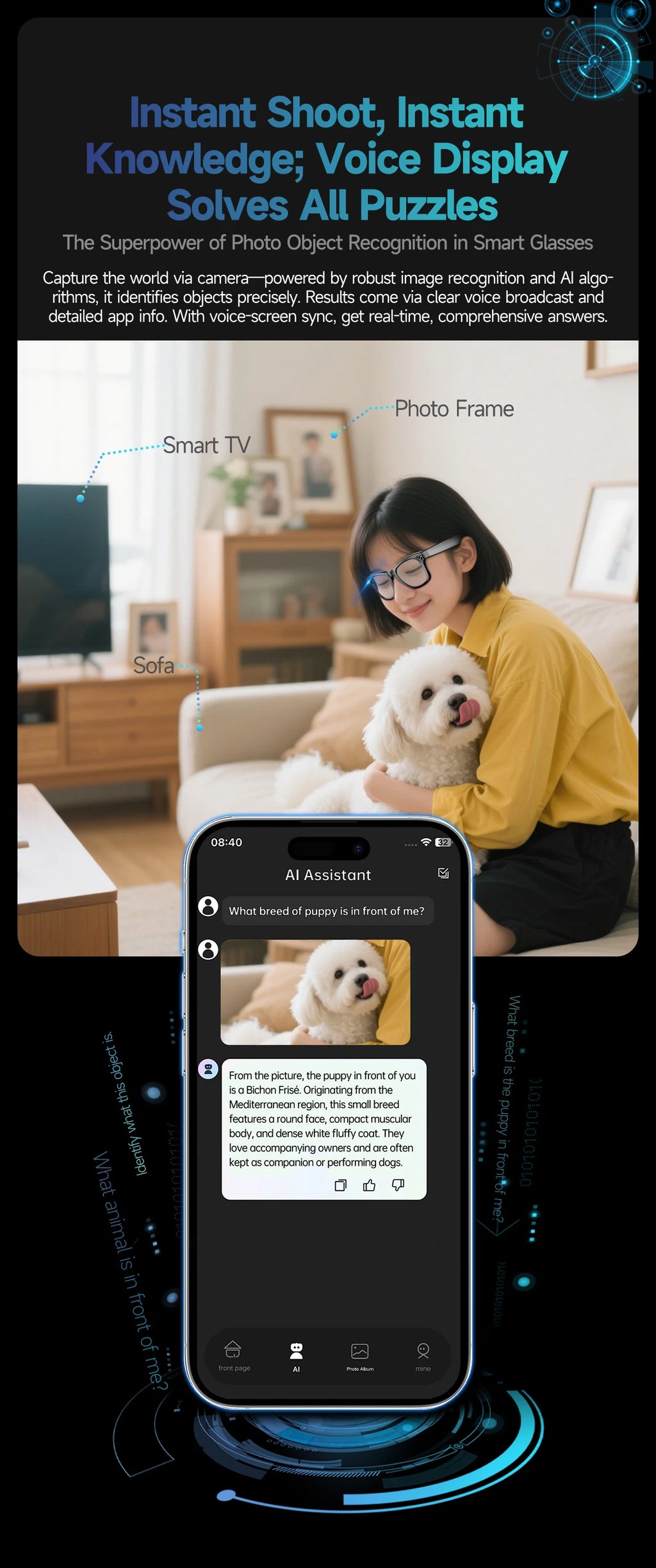 Smart AI Translation Smart Glasses Take Photos Recognizing Objects 4K Camera Bluetooth Music Call Intelligent Recording Glasses