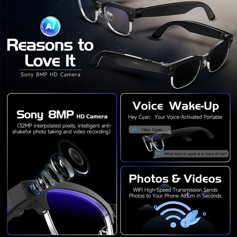 2025 New Intelligent AI Glasses 800W Pixel Camera HD 4K Video Recording AI Translation Music Control Intelligent Wearable Device