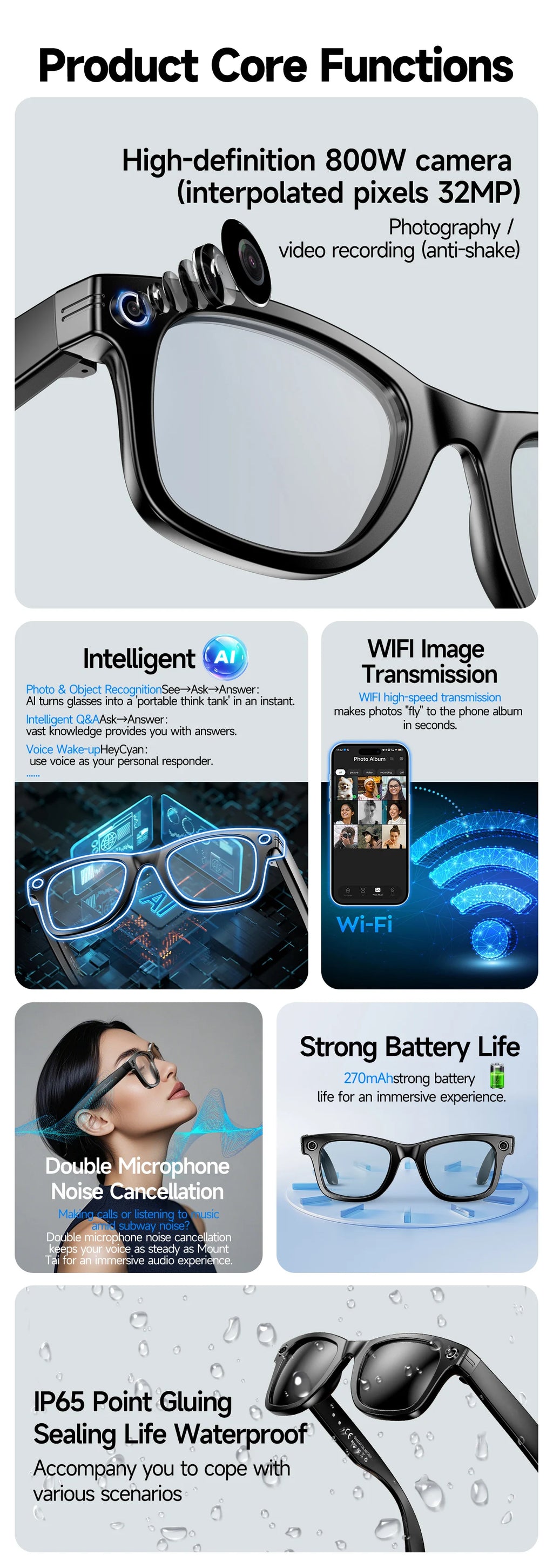 Smart AI Translation Smart Glasses Take Photos Recognizing Objects 4K Camera Bluetooth Music Call Intelligent Recording Glasses