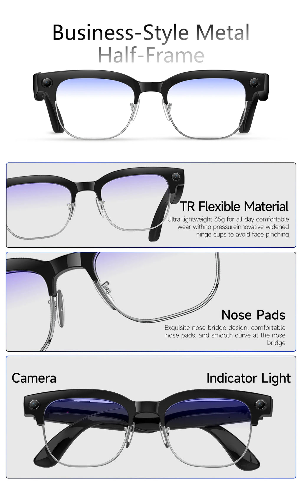 2025 New Intelligent AI Glasses 800W Pixel Camera HD 4K Video Recording AI Translation Music Control Intelligent Wearable Device