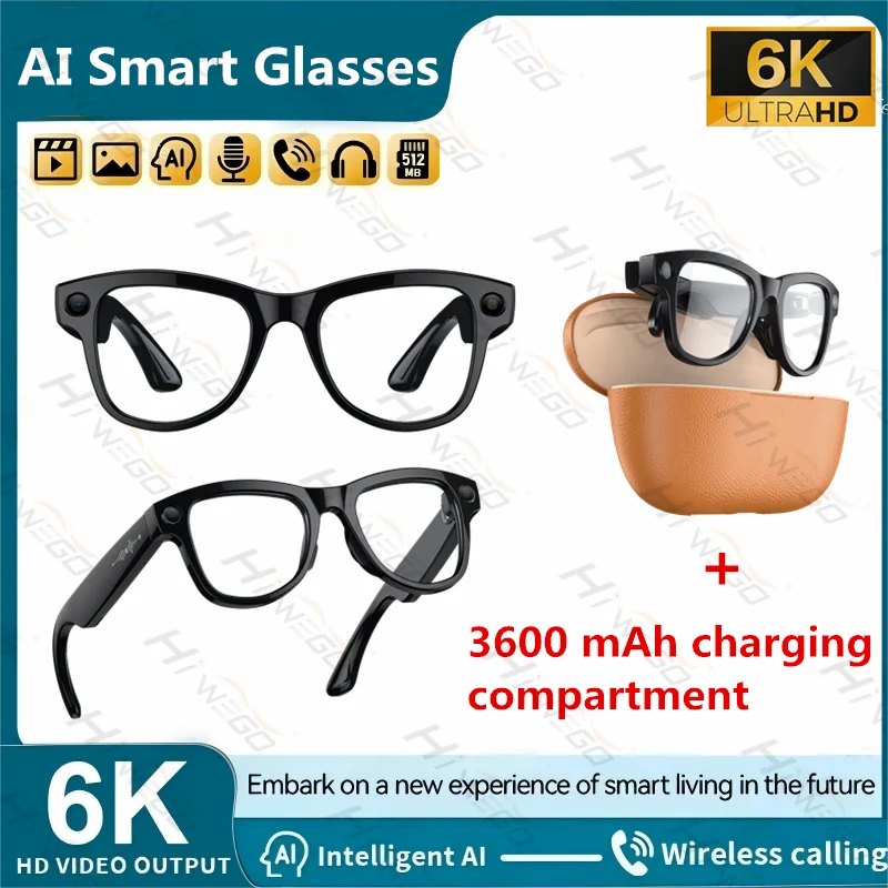 2025 New Intelligent AI Glasses 800W Pixel Camera HD 6K Video Recording AI Translation Music Control Intelligent Wearable Device