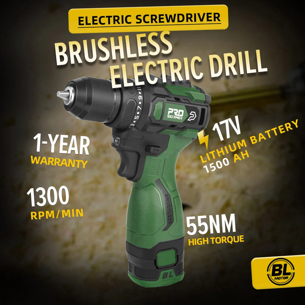 17V 55NM Brushless Electric Drill Cordless Driller Mini Driver Screwdriver Li-ion Battery 5pcs Bit Power Drill By PROSTORMER