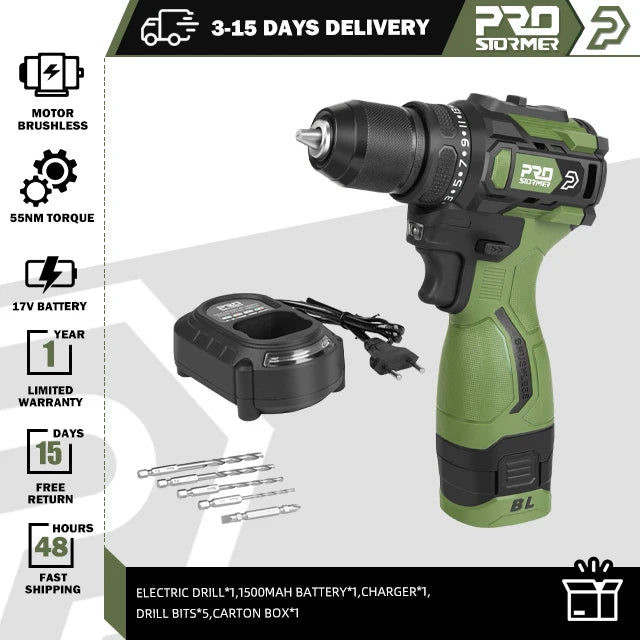 17V 55NM Brushless Electric Drill Cordless Driller Mini Driver Screwdriver Li-ion Battery 5pcs Bit Power Drill By PROSTORMER